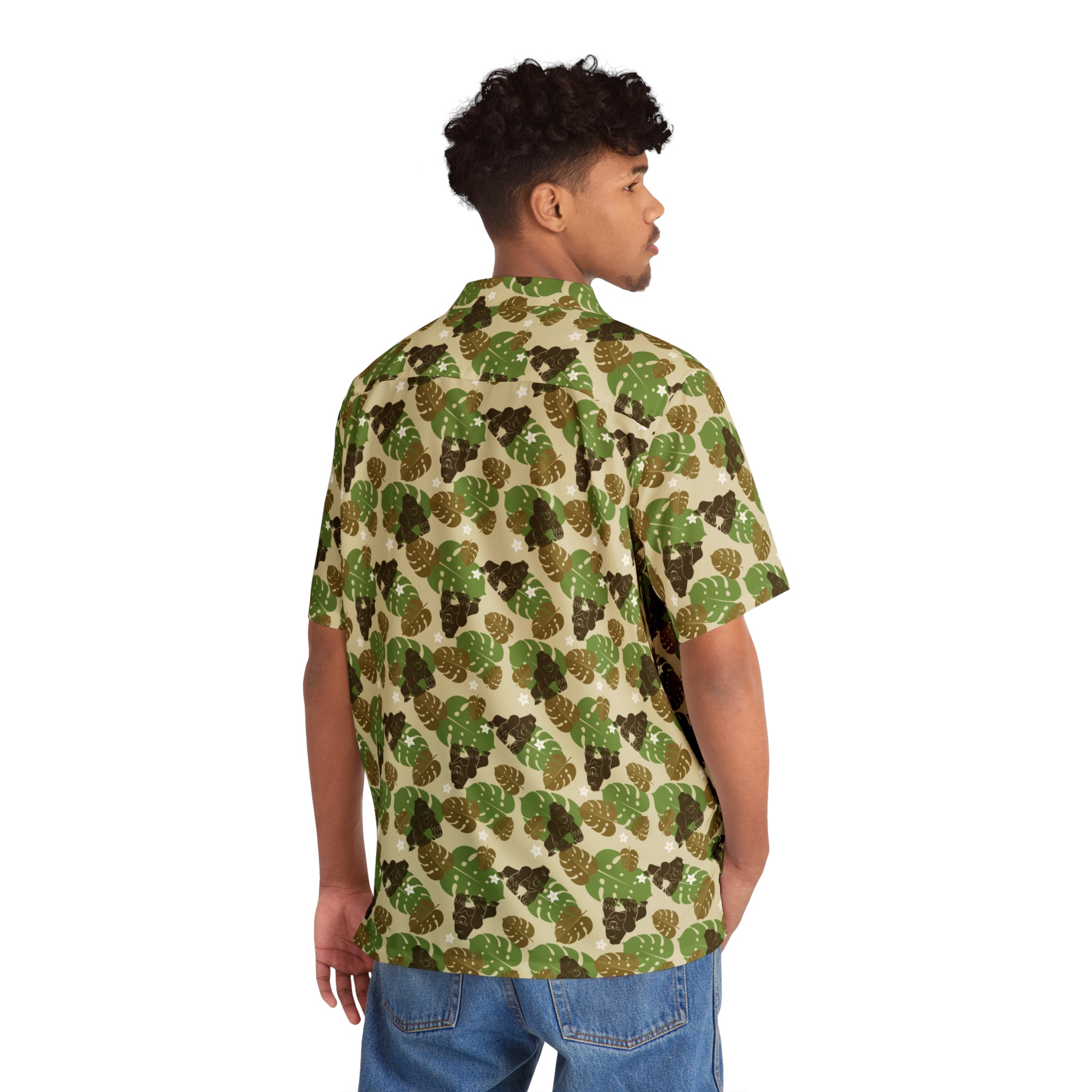  Hawaiian / 半袖シャツ/--/--/GRN/総柄 Gorilla Leaf Pattern Head Men's Hawaiian Shirt – Wild in Color